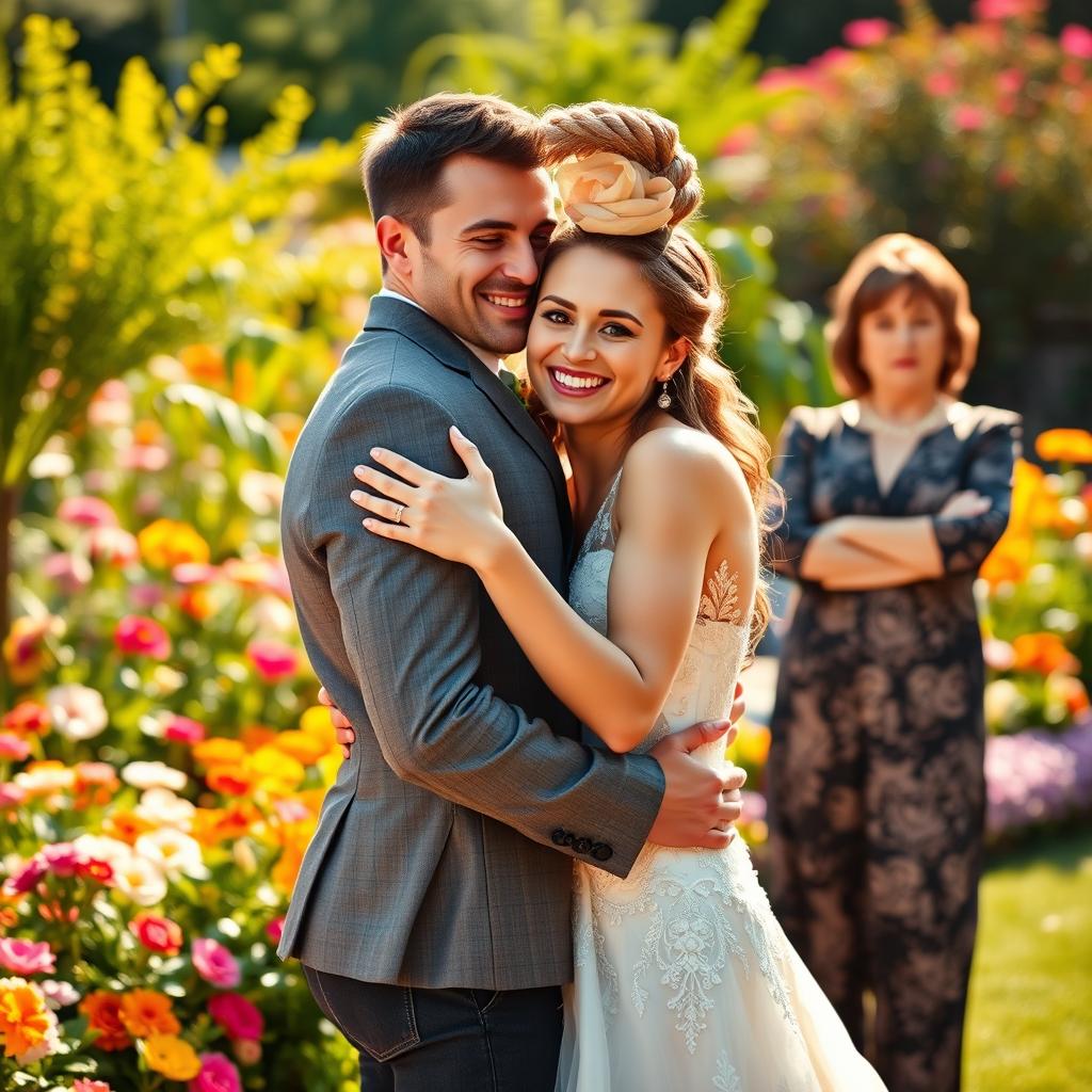 A woman in an elegant bridal gown, beaming with joy as she hugs her dashing and masculine fiancé, who has strong features and a charming smile