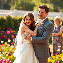 A woman in an elegant bridal gown, beaming with joy as she hugs her dashing and masculine fiancé, who has strong features and a charming smile