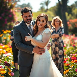 A woman in an elegant bridal gown, beaming with joy as she hugs her dashing and masculine fiancé, who has strong features and a charming smile