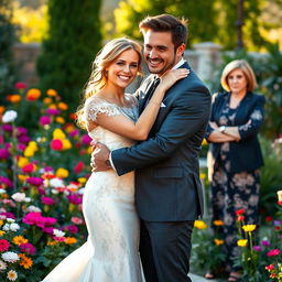 A woman in an elegant bridal gown, beaming with joy as she hugs her dashing and masculine fiancé, who has strong features and a charming smile