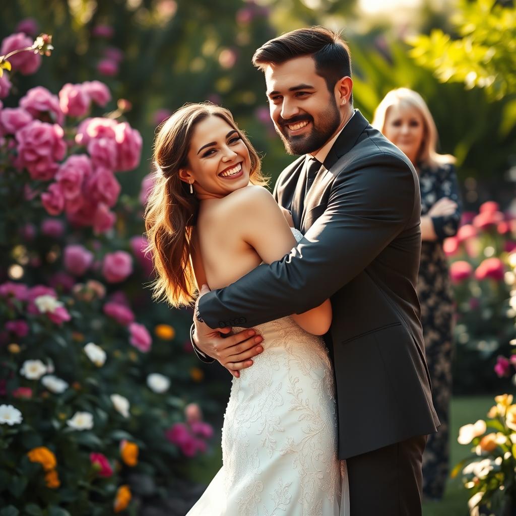 A woman in a stunning bridal gown, radiating joy as she hugs her handsome fiancé, who has a rugged, masculine appearance and a charming smile