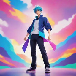 Anime stylized character standing in a dynamic pose with vibrant colors and a picturesque background inspired by well-known anime series.