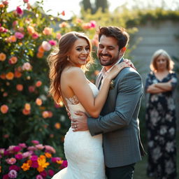 A woman in a stunning bridal gown, radiating joy as she hugs her handsome fiancé, who has a rugged, masculine appearance and a charming smile