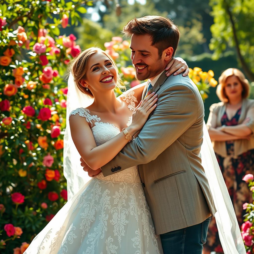 A woman in a stunning bridal gown, radiating joy as she hugs her handsome fiancé, who has a rugged, masculine appearance and a charming smile