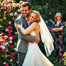 A woman in a stunning bridal gown, radiating joy as she hugs her handsome fiancé, who has a rugged, masculine appearance and a charming smile