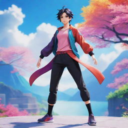 Anime stylized character standing in a dynamic pose with vibrant colors and a picturesque background inspired by well-known anime series.