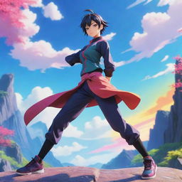 Anime stylized character standing in a dynamic pose with vibrant colors and a picturesque background inspired by well-known anime series.