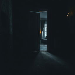 A terrifying room featuring an ominous door slightly ajar, casting dark shadows across the dusty floor