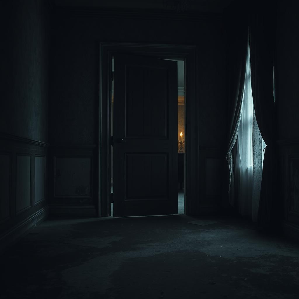 A terrifying room featuring an ominous door slightly ajar, casting dark shadows across the dusty floor