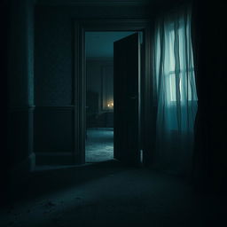 A terrifying room featuring an ominous door slightly ajar, casting dark shadows across the dusty floor