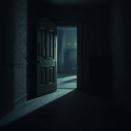 A terrifying room featuring an ominous door slightly ajar, casting dark shadows across the dusty floor