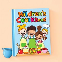 A vibrant and whimsical book cover design for a children's cooking book, featuring a cheerful kitchen scene