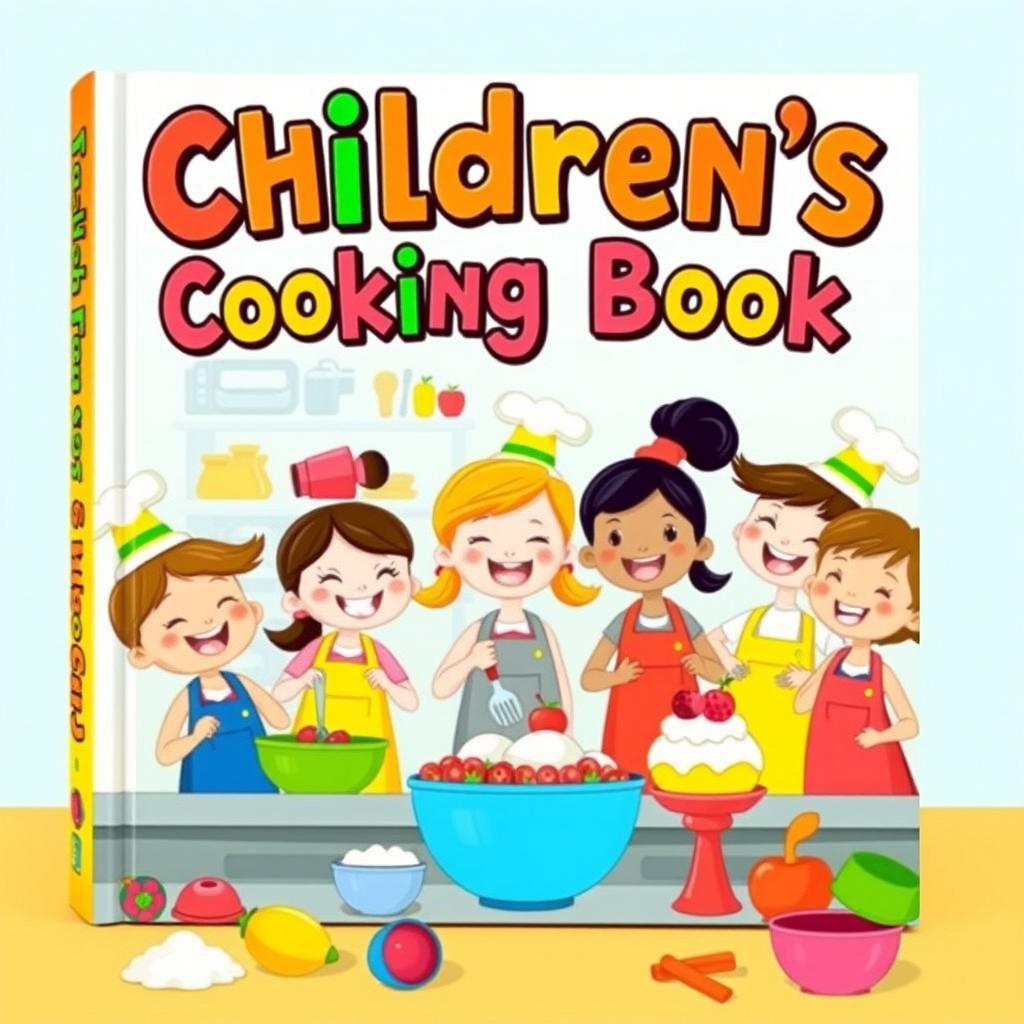 A vibrant and whimsical book cover design for a children's cooking book, featuring a cheerful kitchen scene