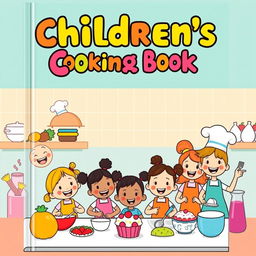 A vibrant and whimsical book cover design for a children's cooking book, featuring a cheerful kitchen scene