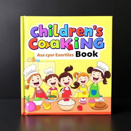 A vibrant and whimsical book cover design for a children's cooking book, featuring a cheerful kitchen scene