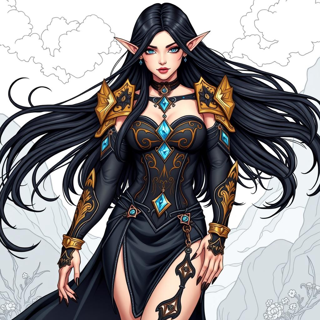 An elegant elf mage with long, flowing black hair and striking black nails