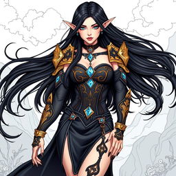 An elegant elf mage with long, flowing black hair and striking black nails