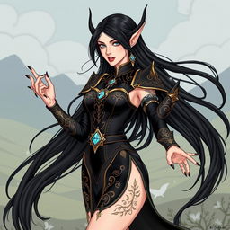 An elegant elf mage with long, flowing black hair and striking black nails