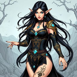 An elegant elf mage with long, flowing black hair and striking black nails