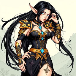 An elegant elf mage with long, flowing black hair and striking black nails