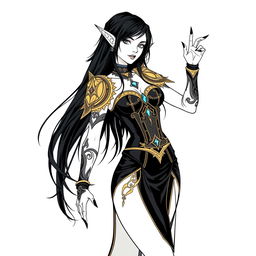 An elegant elf mage with long, flowing black hair and striking black nails