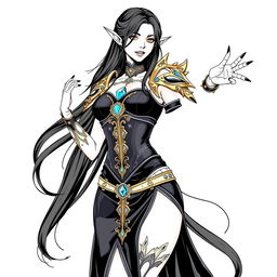 An elegant elf mage with long, flowing black hair and striking black nails