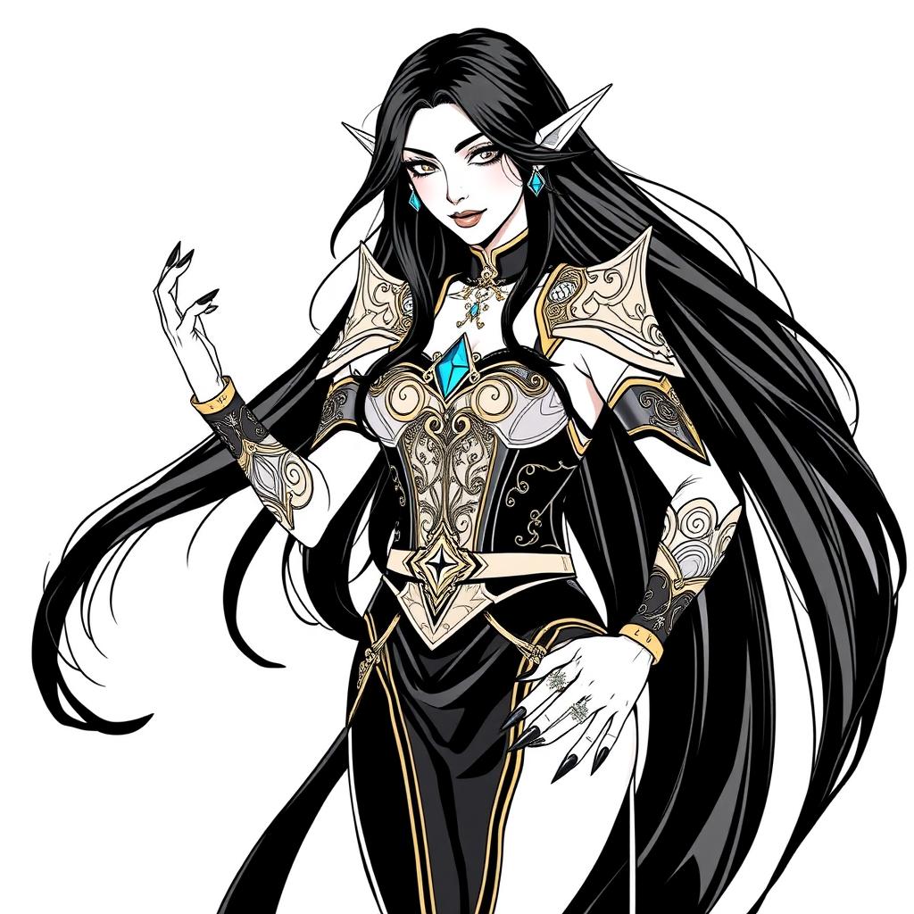 An elegant elf mage with long, flowing black hair and striking black nails