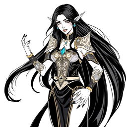 An elegant elf mage with long, flowing black hair and striking black nails