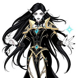 An elegant elf mage with long, flowing black hair and striking black nails