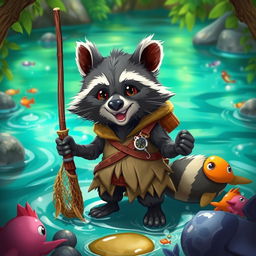 A small, clever anthropomorphic raccoon named 'Rizzo', showcasing exceptional fishing skills