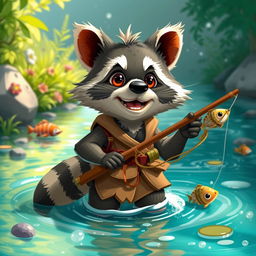 A small, clever anthropomorphic raccoon named 'Rizzo', showcasing exceptional fishing skills