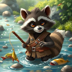 A small, clever anthropomorphic raccoon named 'Rizzo', showcasing exceptional fishing skills