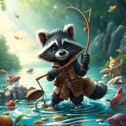 A small, clever anthropomorphic raccoon named 'Rizzo', showcasing exceptional fishing skills