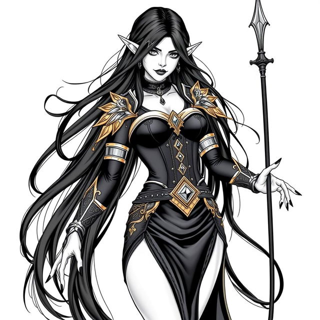 An elegant elf mage with long, flowing black hair and striking black nails