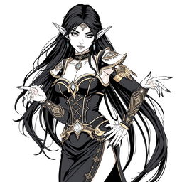 An elegant elf mage with long, flowing black hair and striking black nails