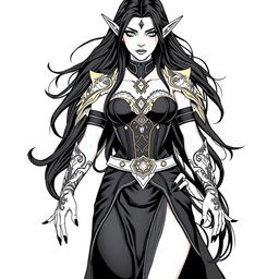 An elegant elf mage with long, flowing black hair and striking black nails