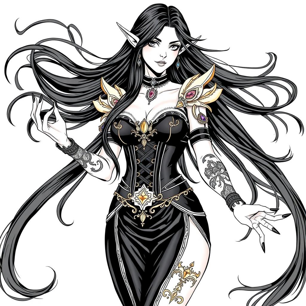 An elegant elf mage with long, flowing black hair and striking black nails