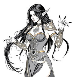 An enchanting elf witch with long, flowing black hair and striking black nails, adorned with a captivating tattoo on her chest