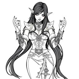 An enchanting elf witch with long, flowing black hair and striking black nails, adorned with a captivating tattoo on her chest