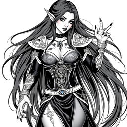 An enchanting elf witch with long, flowing black hair and striking black nails, adorned with a captivating tattoo on her chest