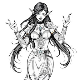 An enchanting elf witch with long, flowing black hair and striking black nails, adorned with a captivating tattoo on her chest