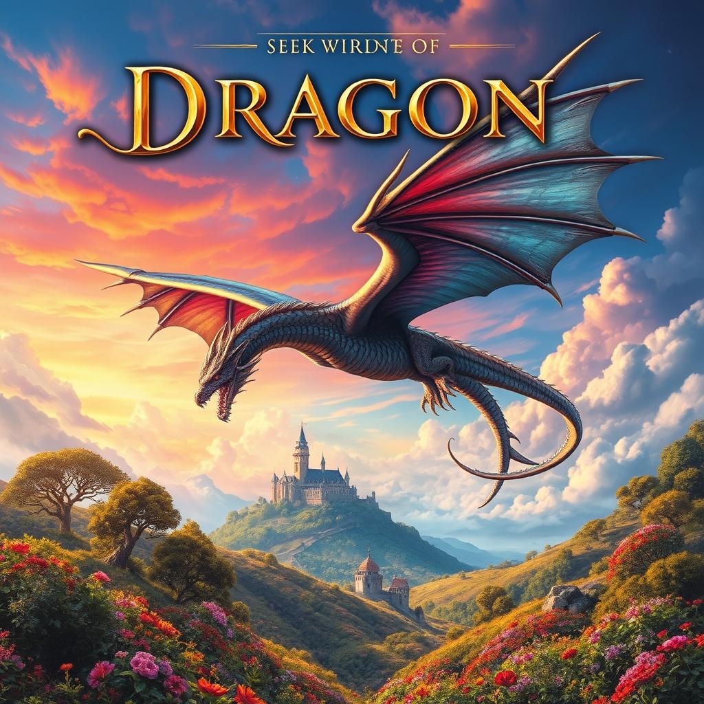 An imaginative and captivating book cover for a fantasy novel, featuring a majestic dragon soaring over a mystical landscape with colorful skies