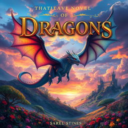 An imaginative and captivating book cover for a fantasy novel, featuring a majestic dragon soaring over a mystical landscape with colorful skies