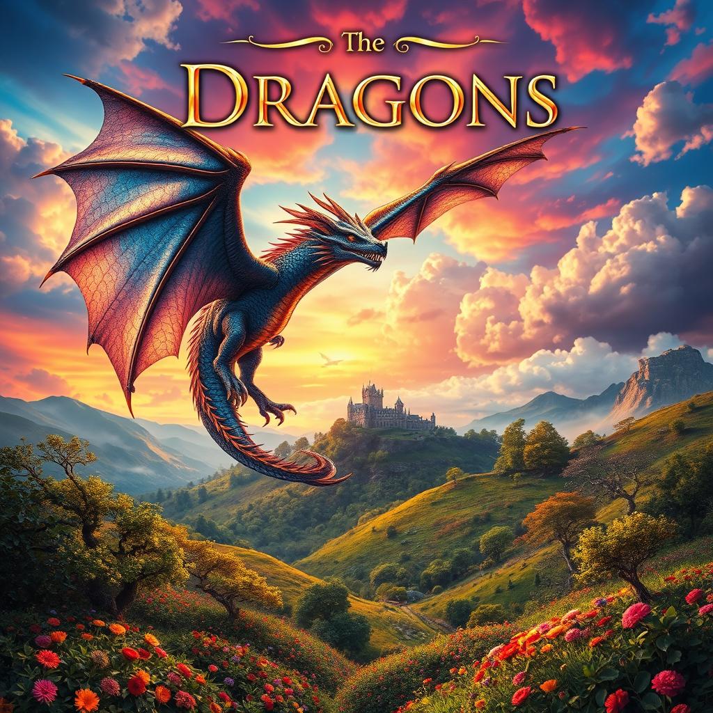 An imaginative and captivating book cover for a fantasy novel, featuring a majestic dragon soaring over a mystical landscape with colorful skies