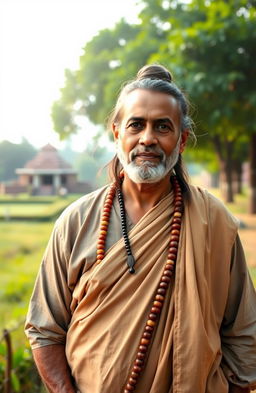 A portrait of an Adi Grihastha Dashanami Brahmin, depicting a middle-aged man wearing traditional dhoti and a kurta, adorned with a sacred thread across his shoulder