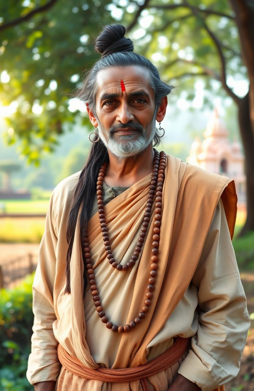 A portrait of an Adi Grihastha Dashanami Brahmin, depicting a middle-aged man wearing traditional dhoti and a kurta, adorned with a sacred thread across his shoulder