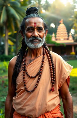 A portrait of an Adi Grihastha Dashanami Brahmin, depicting a middle-aged man wearing traditional dhoti and a kurta, adorned with a sacred thread across his shoulder