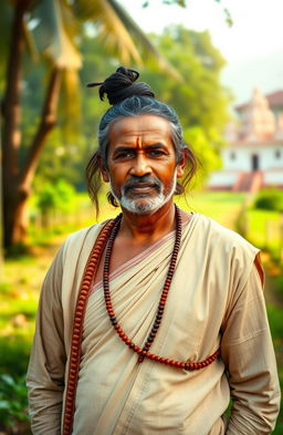 A portrait of an Adi Grihastha Dashanami Brahmin, depicting a middle-aged man wearing traditional dhoti and a kurta, adorned with a sacred thread across his shoulder