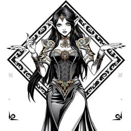 An elegant elf witch with striking black hair and long, manicured black nails