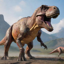 User transformed into a mighty Tyrannosaurus Rex, boasting a massive body, powerful jaws, and small arms, all portrayed with lifelike detail and vibrant colors against a prehistoric landscape.